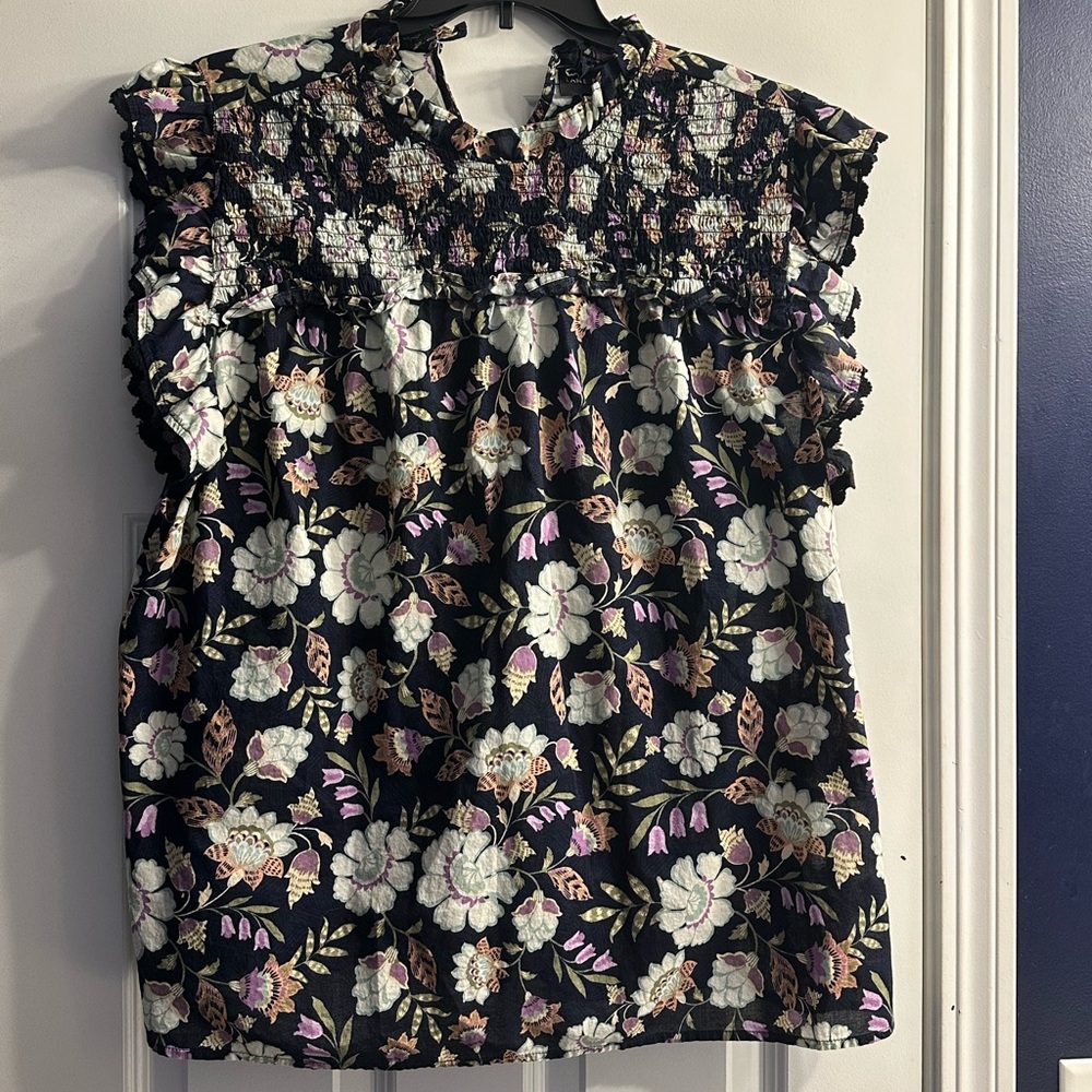 Lane Bryant Black Floral Smocked Flutter Sleeve Blouse